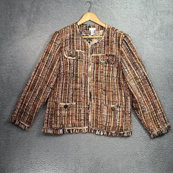 Chicos L-XL Size 3 Jacket nubby woven Tweed Brown Fringe designer style pockets - Picture 3 of 14